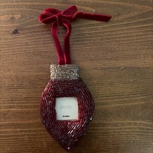 Pier 1 Beaded Christmas Photo Frame Ornament Picture Red Gold Hanging Ribbon 1"